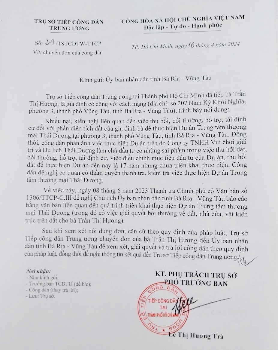 Văn bản của Trụ sở tiếp công dân Trung ương tại TP Hồ Chí Minh