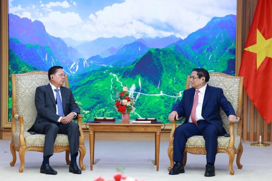 Thủ tướng Chính phủ Phạm Minh Chính và Phó Thủ tướng Neth Savoeun cùng nhất trí đánh giá quan hệ Việt Nam - Campuchia thời gian qua phát triển mạnh mẽ trên tất cả các lĩnh vực - Ảnh: VGP/Nhật Bắc