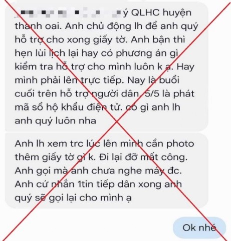 Tin nhắn giả mạo cán bộ Công an huyện Thanh Oai yêu cầu cập nhật dữ liệu dân cư