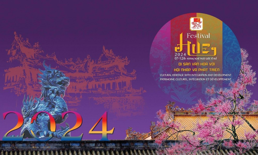 Poster Tuần lễ Festival Nghệ thuật Quốc tế Huế 2024 thể hiện sự phong phú và độc đáo văn hóa Huế