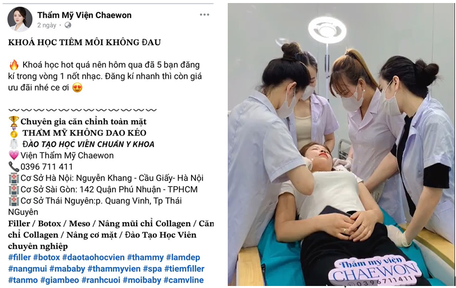 Hình ảnh, clip quảng cáo khóa đào tạo trên trang Facebook “Viện thẩm mỹ Chaewon”