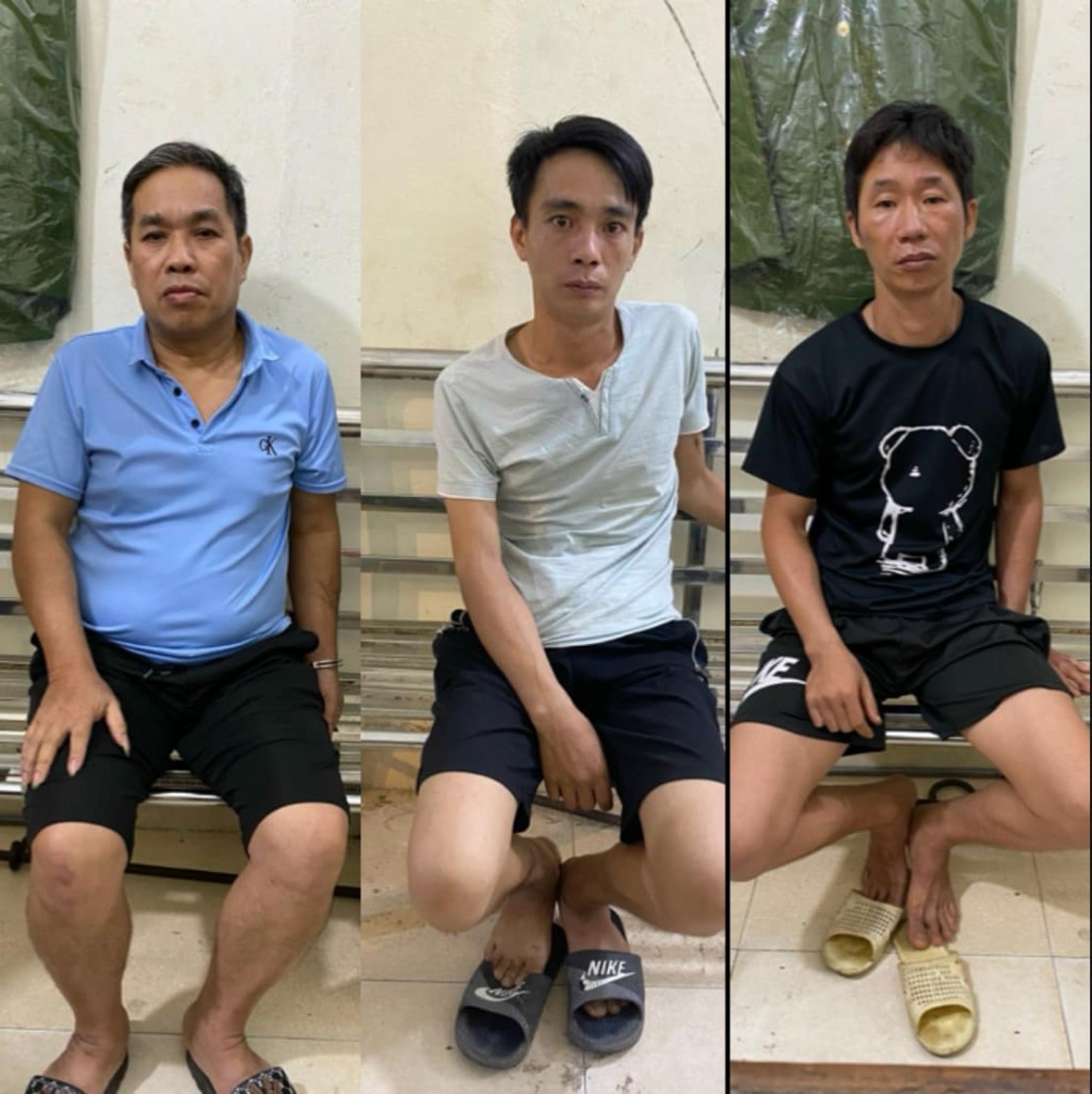 Các đối tượng tại Cơ quan điều tra ( Từ trái sang phải: Phùng Văn Chuyên, Chu Thanh Tuyên, Lê Quang Huấn)