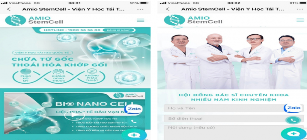 Phòng khám chuyên khoa Ngoại – Công ty TNHH Điều trị Cơ xương khớp USAC Chiropractic quảng cáo “Amio StemCell – Viện Y học tái tạo Quốc tế, chữa từ gốc thoái hóa khớp gối, Bio Nano Cell – Liệu pháp tế bào vạn năng” không có trong nội dung được phép quảng cáo (ảnh: SYT)