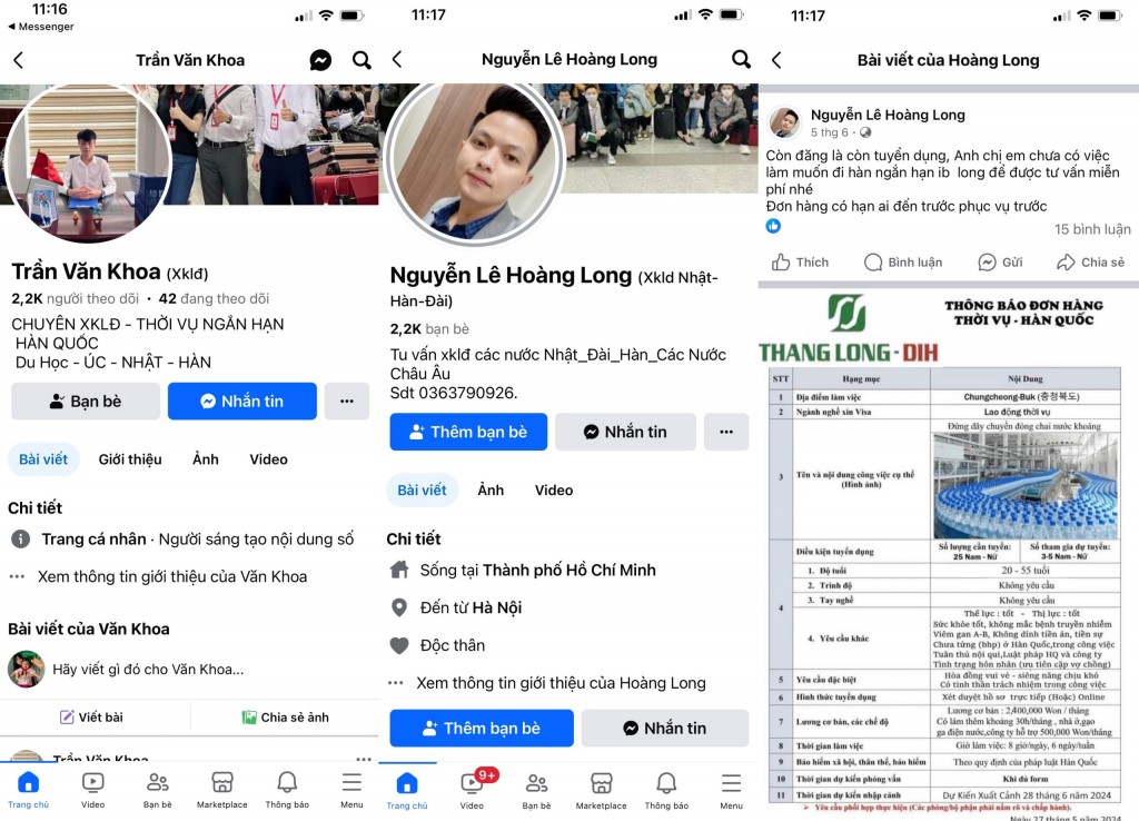 nhóm đối tượng đã sử dụng sử dụng trang facebook có tên Trần Văn Khoa và Nguyễn Lê Hoàng Long tự xưng là nhân viên tuyển dụng đang làm việc tại ThangLong DIH
