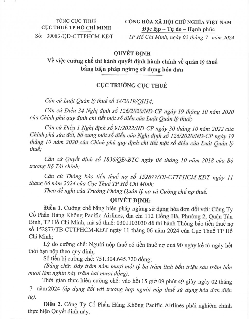 Quyết định cưỡng chế bằng biện pháp ngừng sử dụng hóa đơn đối với Công ty Cổ phần Hàng không Pacific Airlines