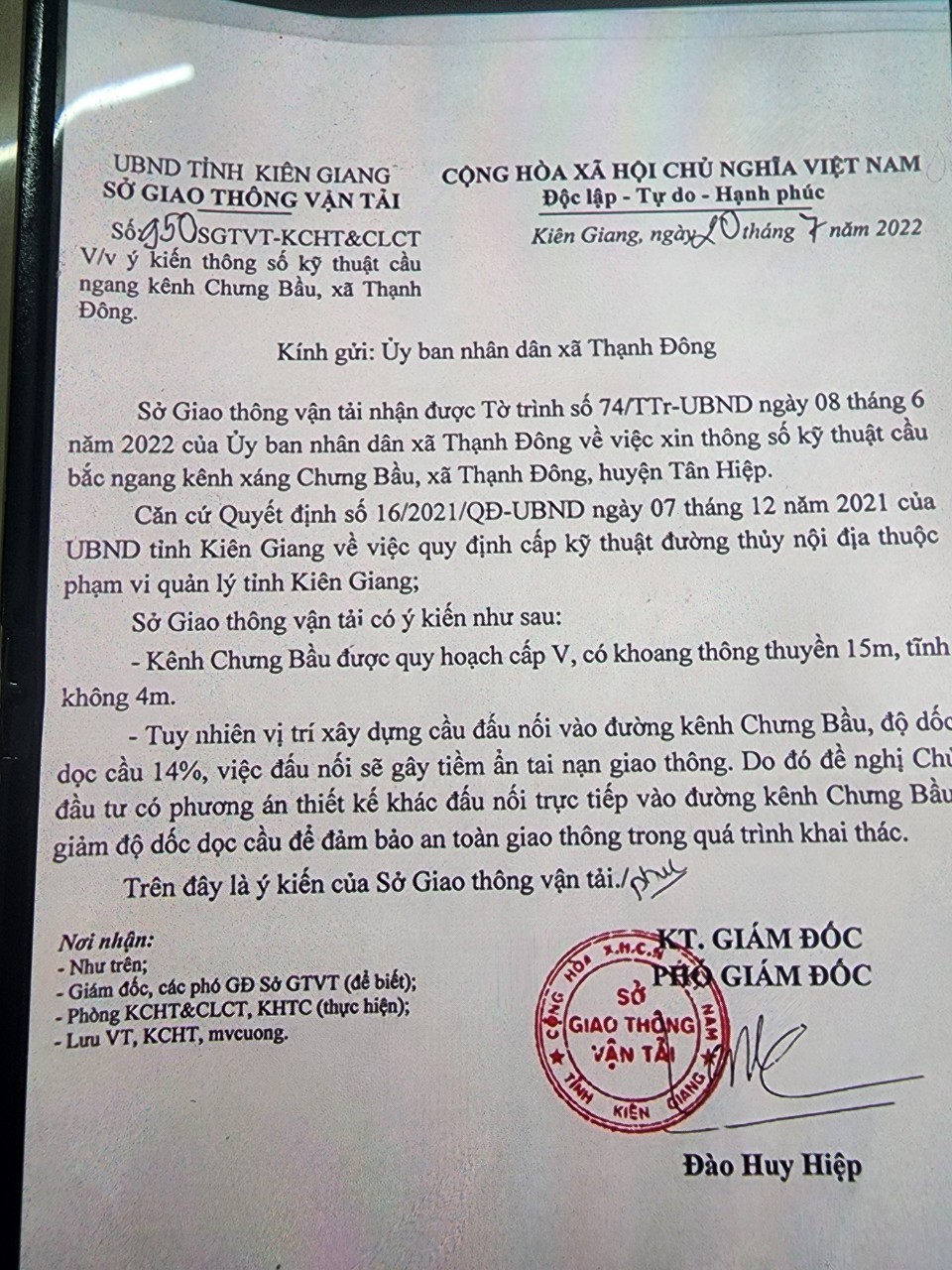 Công văn của Sở Giao thông Vận tải tỉnh Kiên Giang gửi UBND xã Thạnh Đông