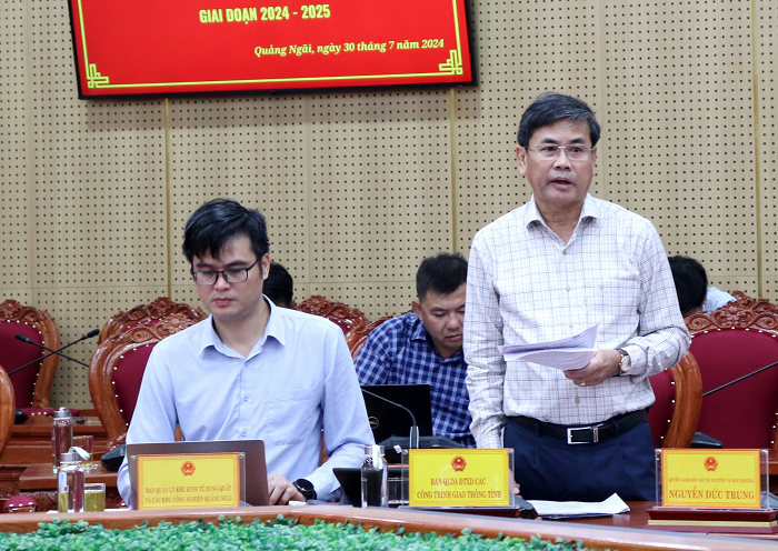 Đại diện Tổ giúp việc Ban Chỉ đạo báo cáo tình hình thực hiện dự án trọng điểm trên địa bàn tỉnh Quảng Ngãi (Ảnh: quangngai.gov.vn)