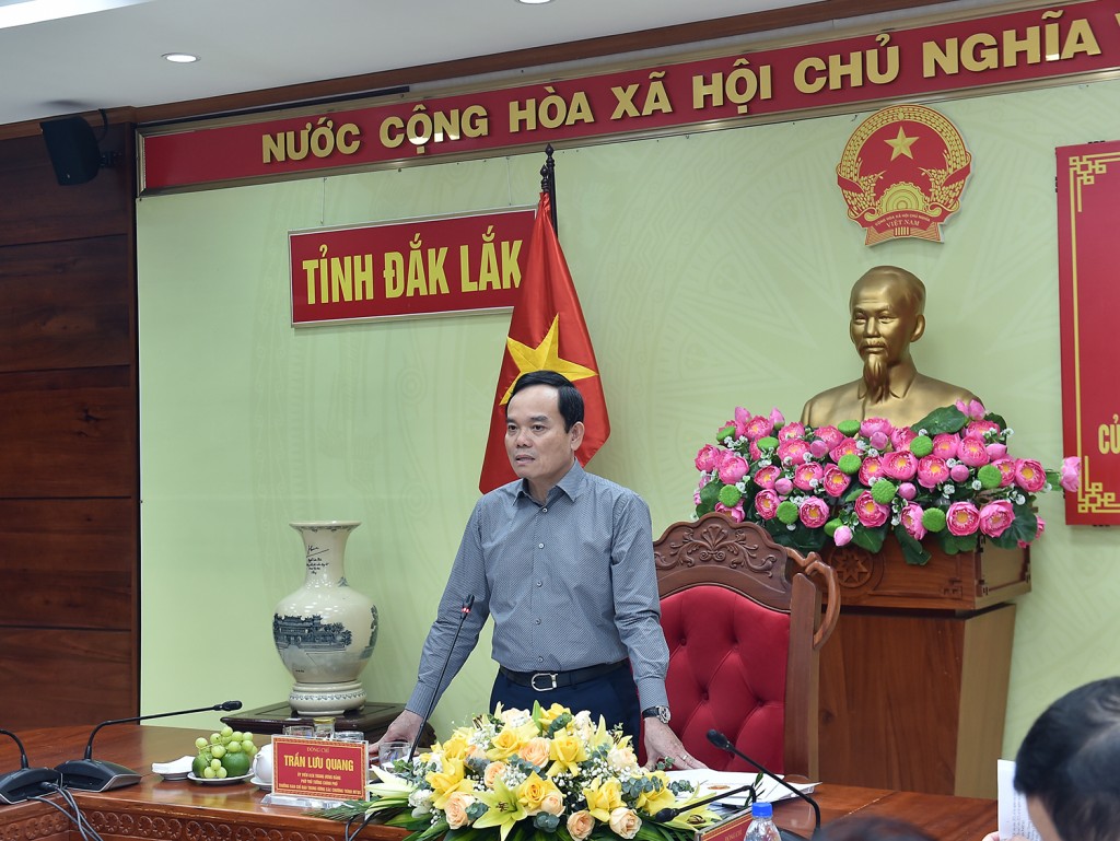 Phó Thủ tướng Trần Lưu Quang phát biểu tại Hội nghị trực tuyến với các tỉnh vùng Tây Nguyền về tình hình triển khai thực hiện các Chương trình mục tiêu quốc gia - Ảnh: VGP/Hải Minh