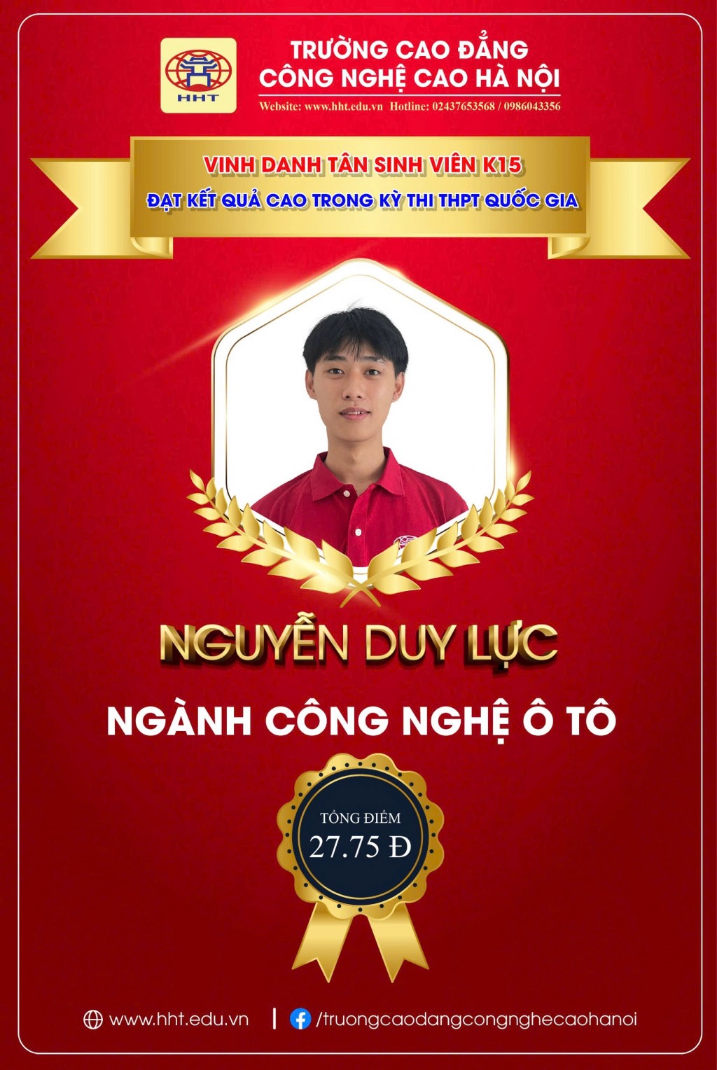 Nguyễn Duy Lực được trường Cao đẳng công nghệ cao Hà Nội vinh danh có kết quả cao trong kỳ thi THPT Quốc gia