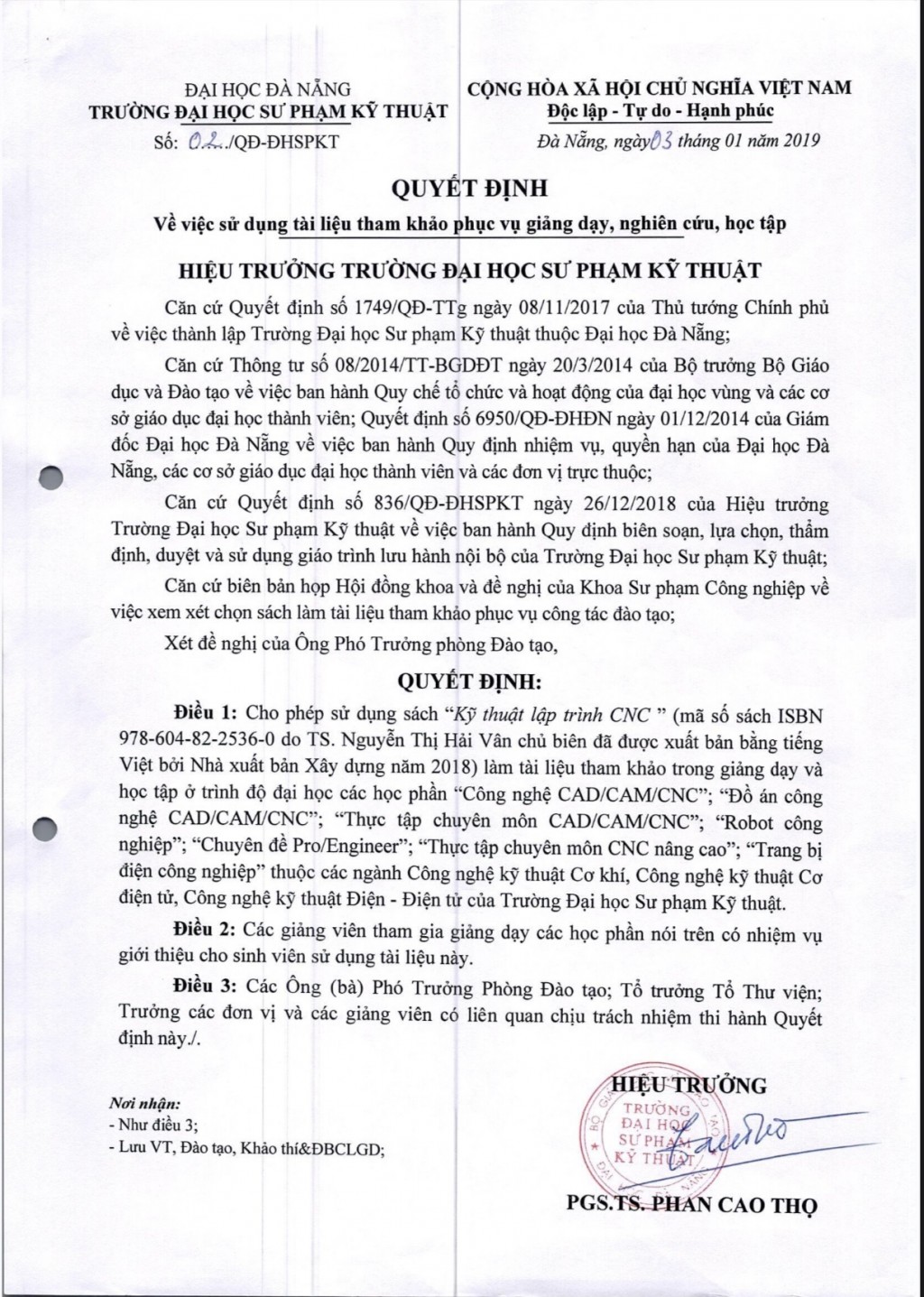 Quyết định của Hiệu trưởng trường Đại học Sư phạm Kỹ thuật - ĐH Đà Nẵng về việc cho phép sử dụng cuốn sách 