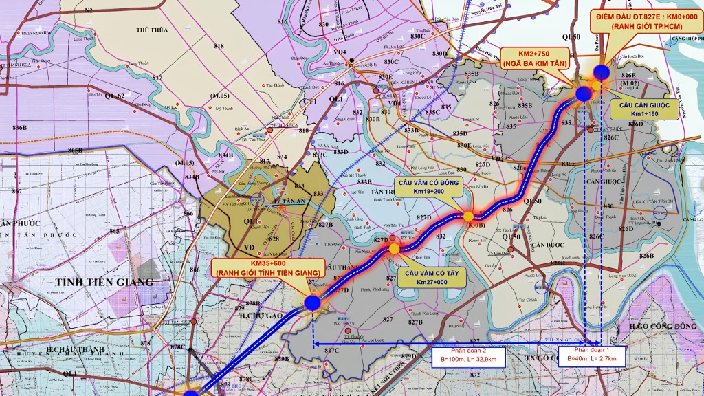 ĐT.827E có chiều dài hơn 35km, kết nối Tiền Giang với TP Hồ Chí Minh qua các huyện vùng hạ của Long An