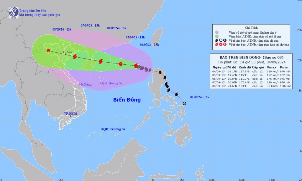 Hướng di chuyển của bão số 3 hồi 14h ngày 4-9.