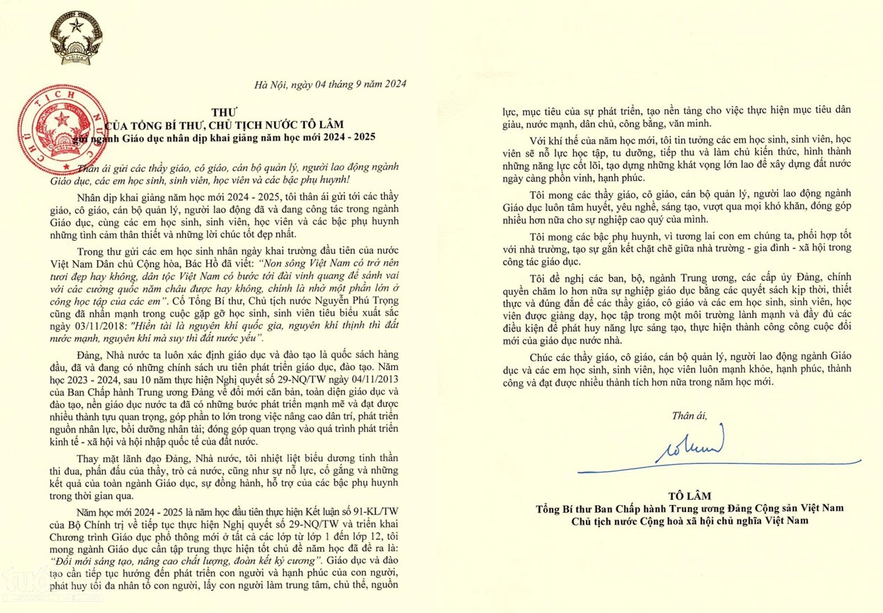 Tổng Bí thư, Chủ tịch nước Tô Lâm gửi thư chúc mừng thầy, trò ngày khai giảng năm học mới