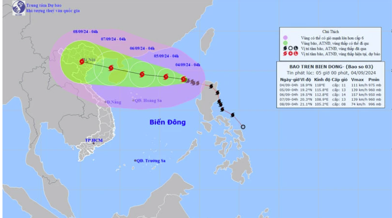 Vị trí và hướng di chuyển của bão số 3. Nguồn:nchmf.gov.vn