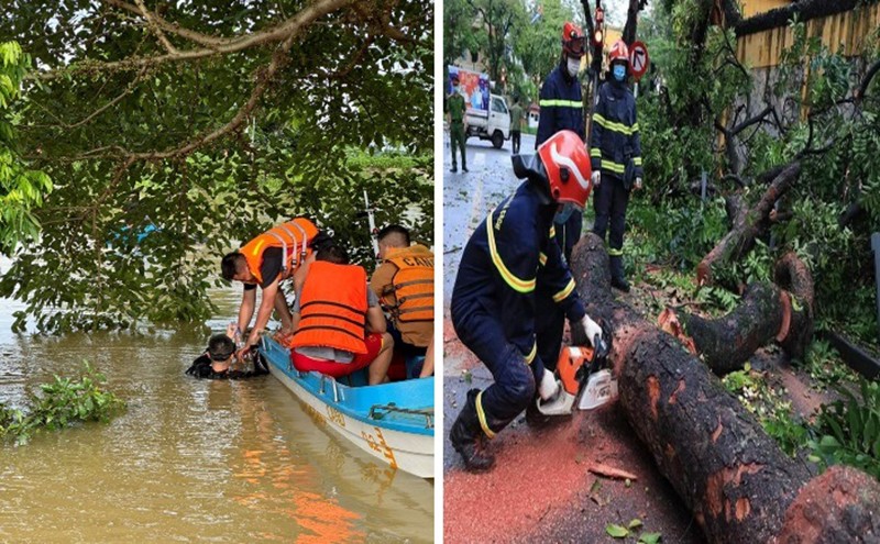 Lực lượng Cảnh sát PCCC và CNCH Công an TP Hà Nội hỗ trợ tìm kiếm người do mưa lũ cuốn trôi và xử lý sự cố cây đổ do mưa bão gây ra (Ảnh: CATP)