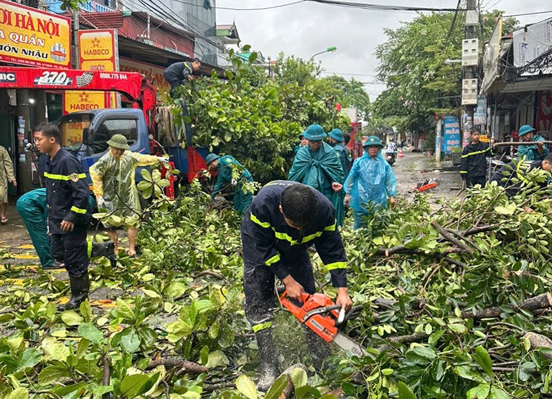 Công an huyện Hoài Đức tích cực giúp nhân dân cắt chuyển cây xanh bị đổ gãy do mưa bão