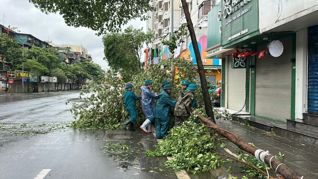 Lực lượng dân quân phường Kim Liên xử lý cây đổ. Ảnh: Ban Chỉ huy Quân sự quận cung cấp.