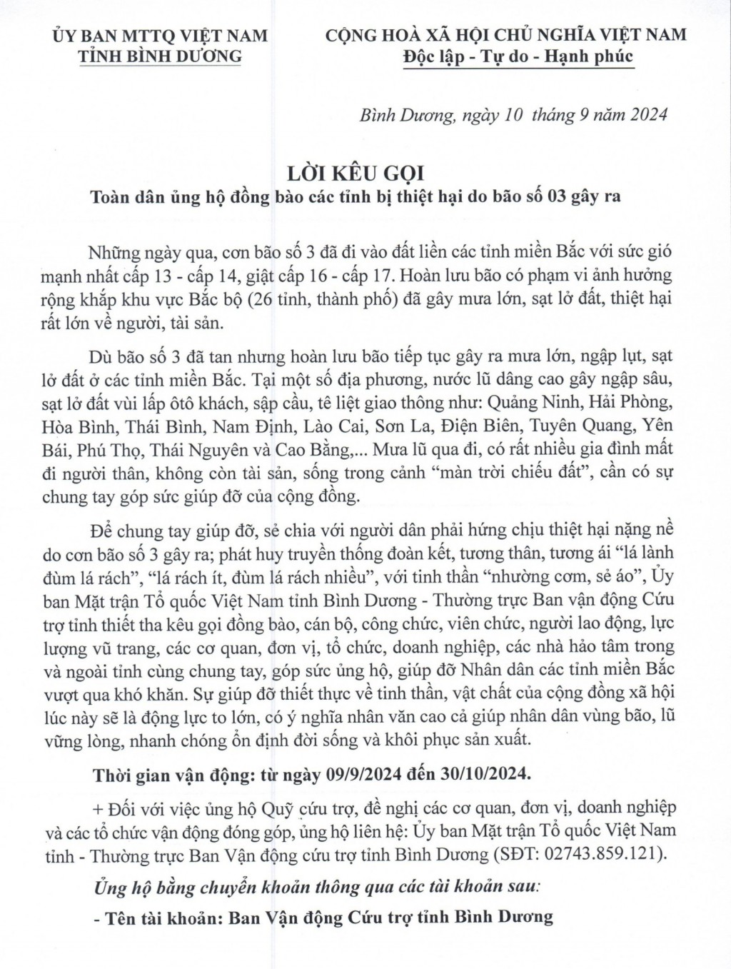 Lời kêu gọi toàn dân ủng hộ đồng bào các tỉnh bị thiệt hại do bão số 3 gây ra