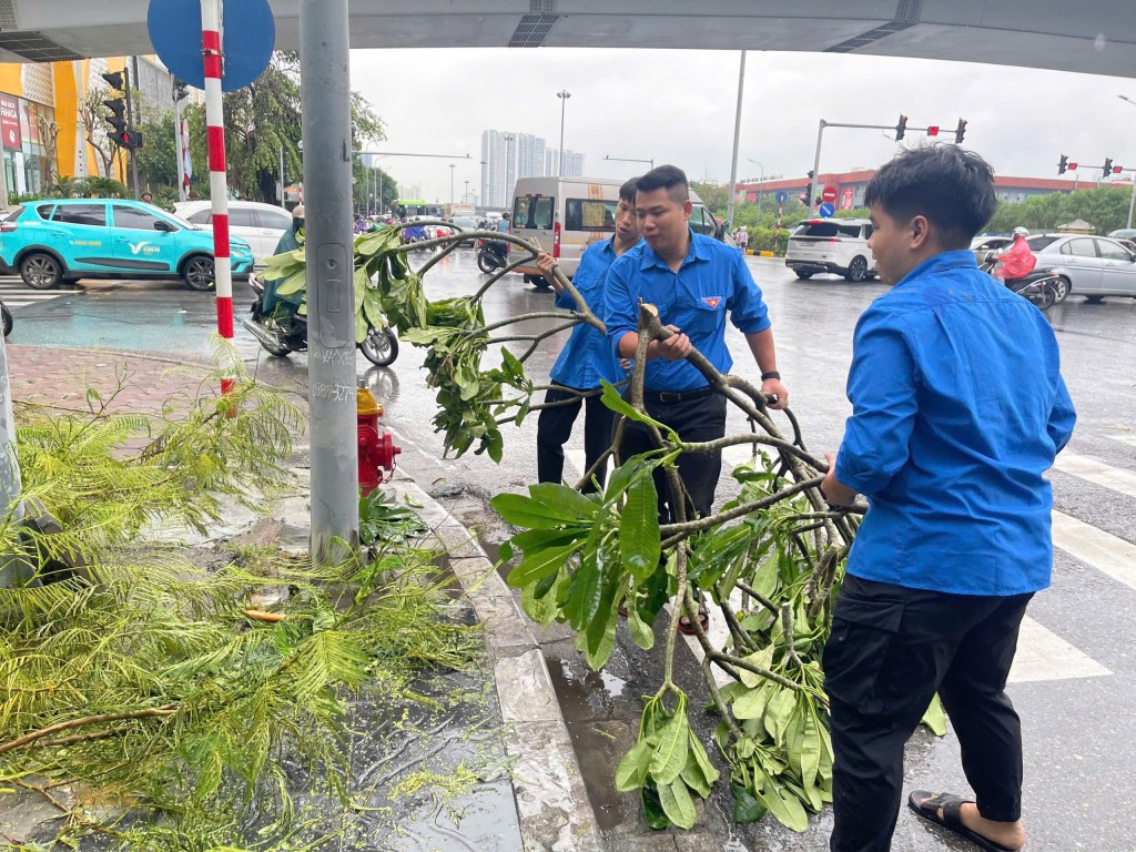 Thanh niên quận Cầu Giấy ra quân phối hợp với Công ty TNHH MTV Môi trường Đô thị Hà Nội tích cực khắc phục hậu quả sau bão