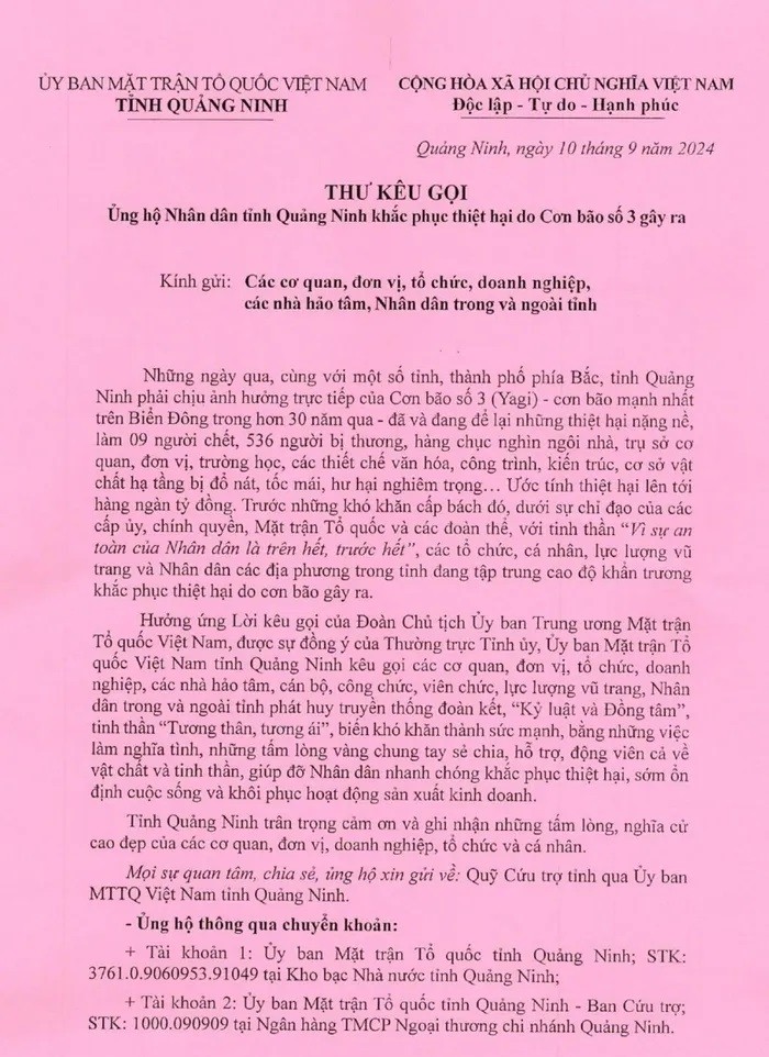 Thư kêu gọi của Ủy ban MTTQ Việt Nam tỉnh Quảng Ninh
