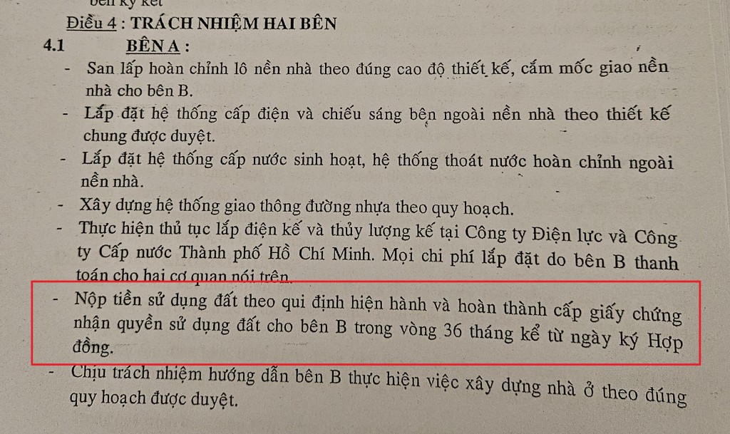 Trong hợp đồng chủ đầu tư cam kết trong vòng 36 tháng sẽ nộp tiền sử dụng đất và hoàn thành cấp sổ đỏ cho người mua