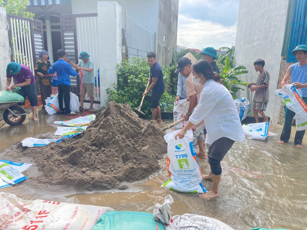 Lực lượng thanh niên hỗ trợ cơ quan chức năm đắp đê, be bờ