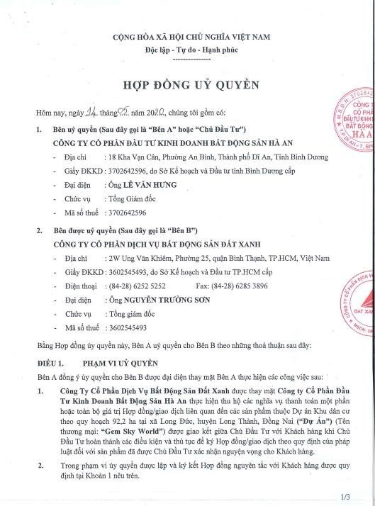 Hợp đồng ủy quyền ngày 14/5/2020 của chủ đầu tư - Công ty Hà An với Công ty Đất Xanh