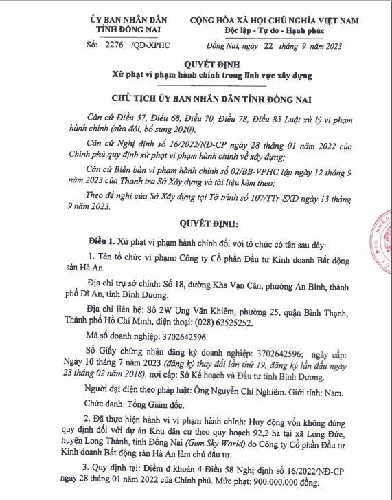 Quyết định xử phạt vi phạm hành chính trong lĩnh vực xây dựng số 2276/QĐ-XPHC đối với Công ty Hà An