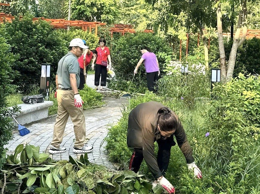 Người dân phường Quang Trung tham gia dọn dẹp vệ sinh môi trường tại công viên trên địa bàn.