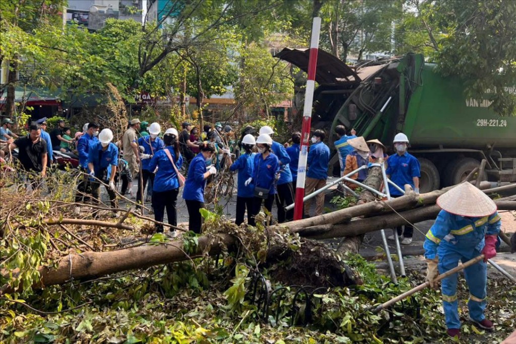 Đoàn viên thanh niên phường Ô Chợ Dừa cùng công nhân môi trường và nhân dân dọn dẹp cây gãy đổ. Ảnh: Bảo Anh