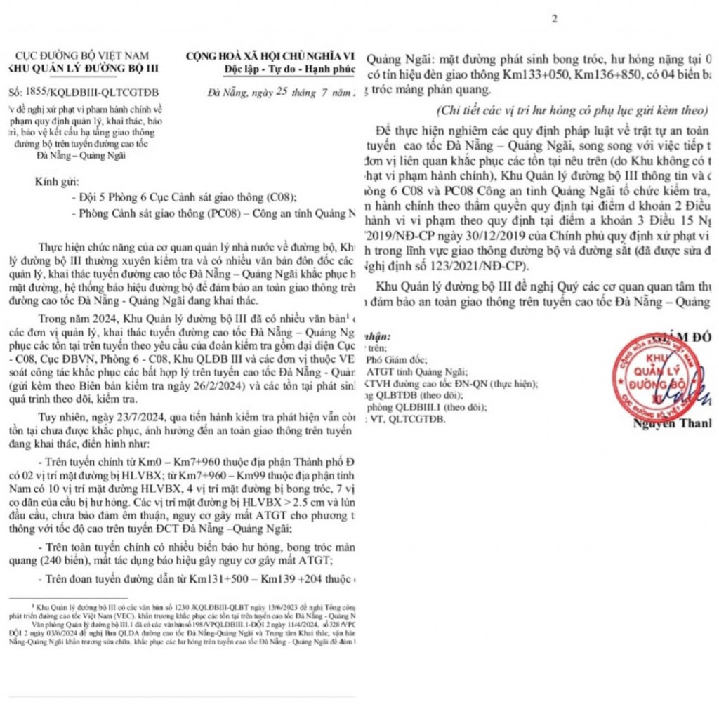 v đề nghị xử phạt vi pham hành chính về  vi phạm quy định quản lý, khai thác, bảo  trì, bảo vệ kết cấu hạ tầng giao thông  đường bộ trên tuyến đường cao tốc  Đà Nẵng – Quảng Ngãi