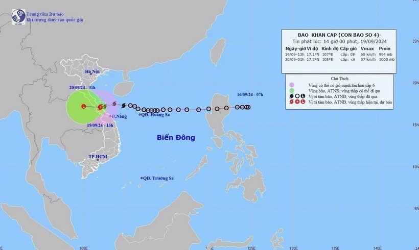 Đường đi của bão số 4 lúc 13 giờ ngày 19/9/2024