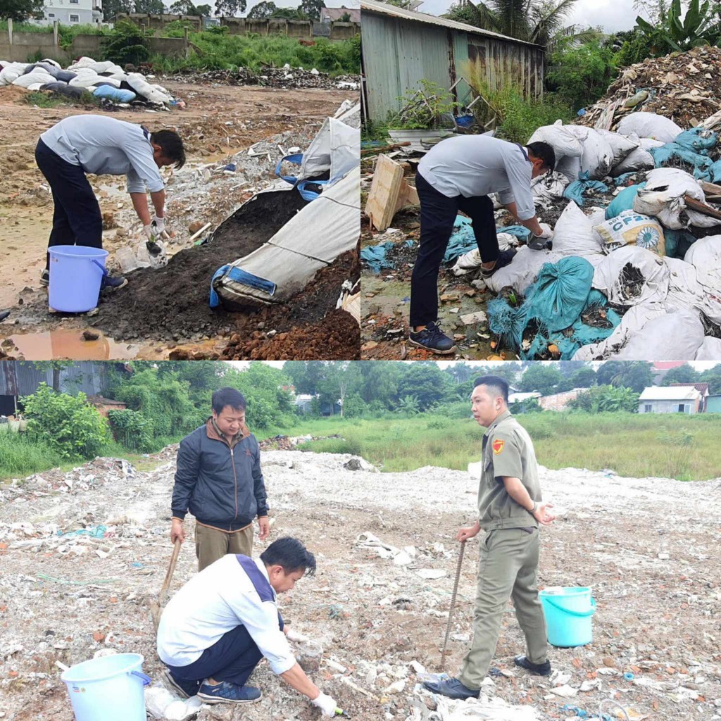 Tại buổi kiểm tra, Sở Tài nguyên và Môi trường tỉnh Bình Dương đã lấy mẫu đất và rác thải để kiểm nghiệm thành phần và các chỉ tiêu.