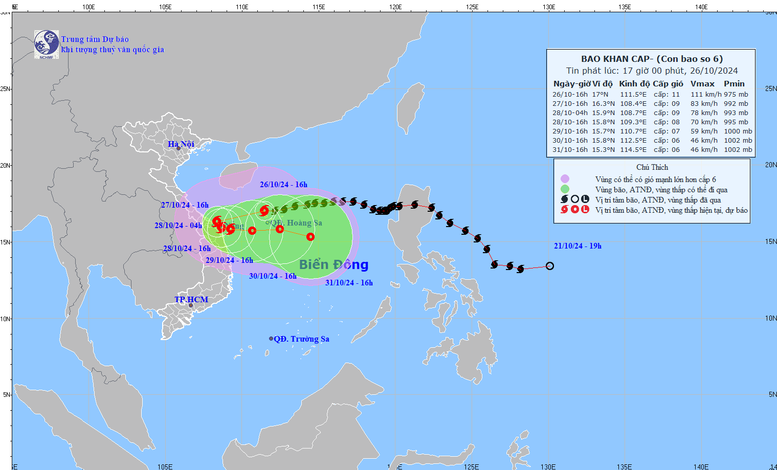 Bão số 6 cách Đà Nẵng khoảng 307km, giật cấp 14