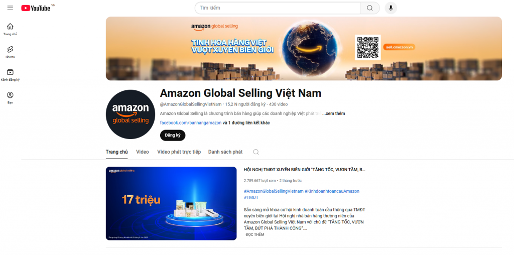 Giao diện kênh YouTube của Amazon Global Selling Việt Nam