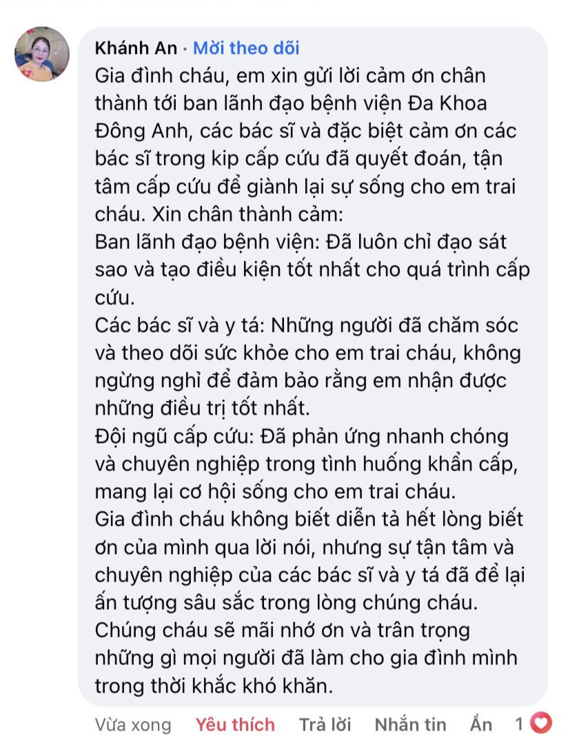 Người nhà người bệnh gửi lời cảm ơn tới Ban lãnh đạo và ekip đã kịp thời PT cho giành lại sự sống cho người bệnh