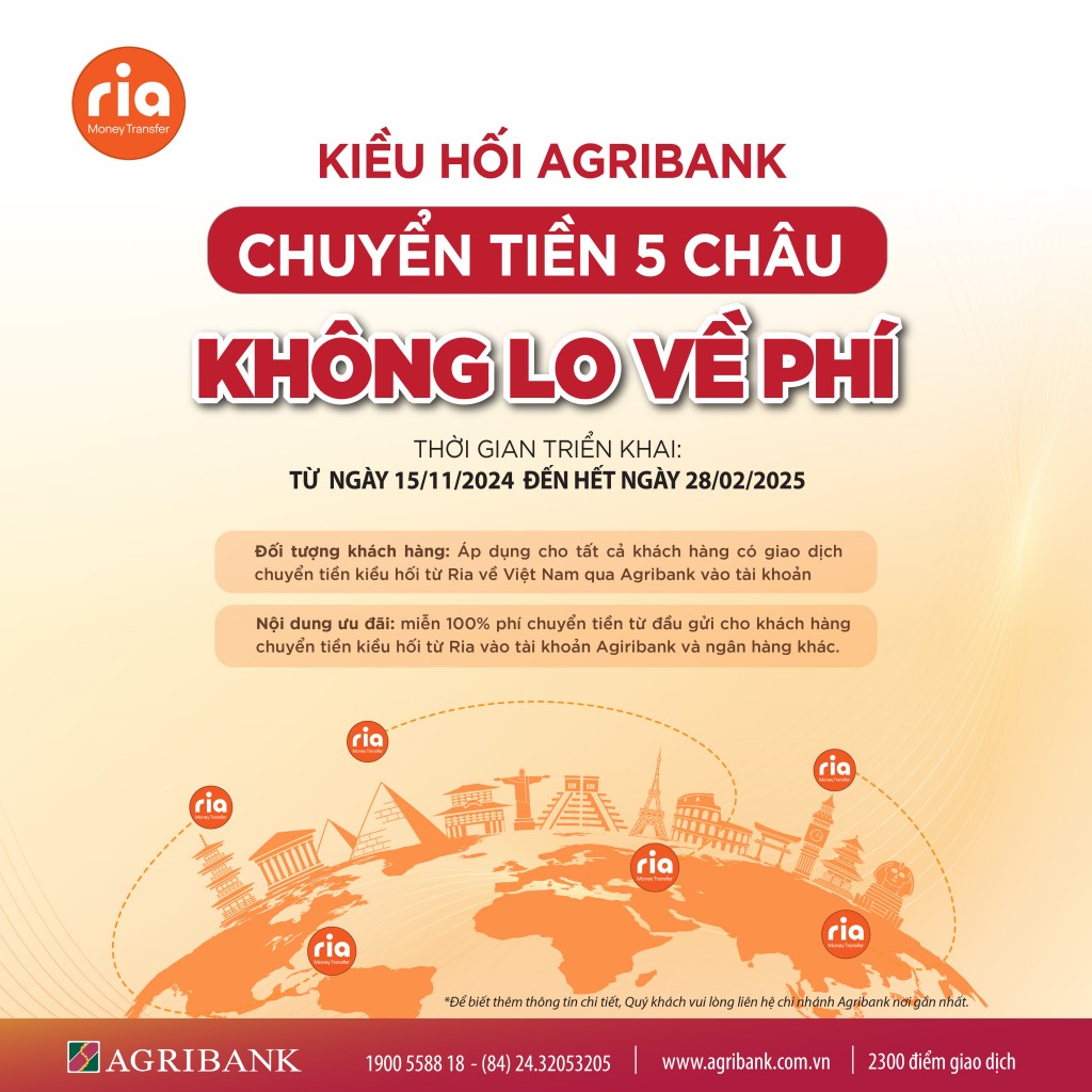 Chuyển tiền kiều hối Ria về Việt Nam tại Agribank phí 0 đồng