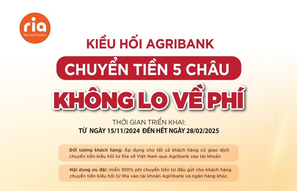 Chuyển tiền kiều hối Ria về Việt Nam tại Agribank phí 0 đồng