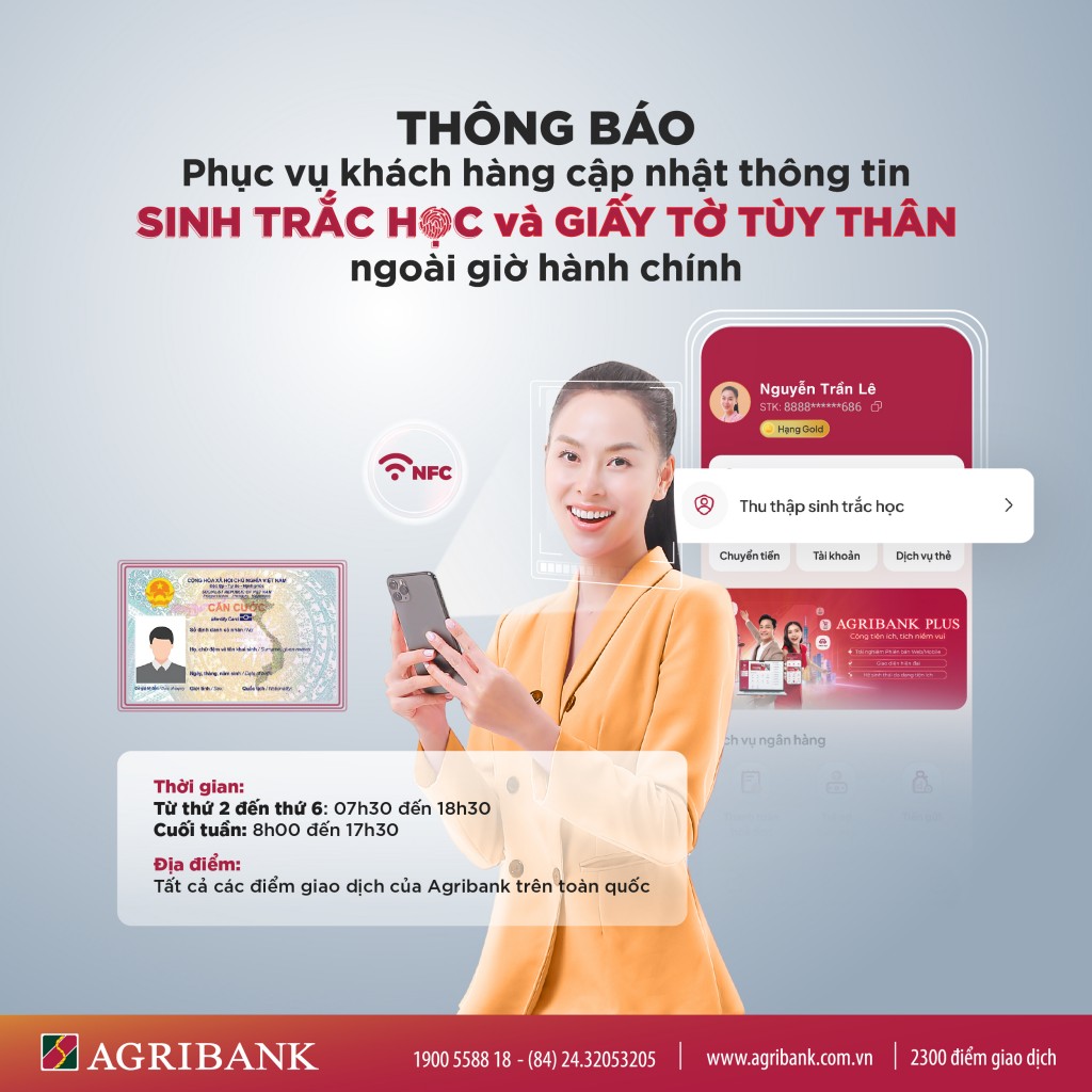 Agribank mở giao dịch ngoài giờ giúp khách hàng cập nhật sinh trắc học