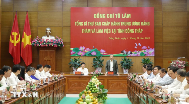 Tổng Bí thư Tô Lâm chủ trì cuộc làm việc với Ban Chấp hành Đảng bộ tỉnh Đồng Tháp. Ảnh: TTXVN