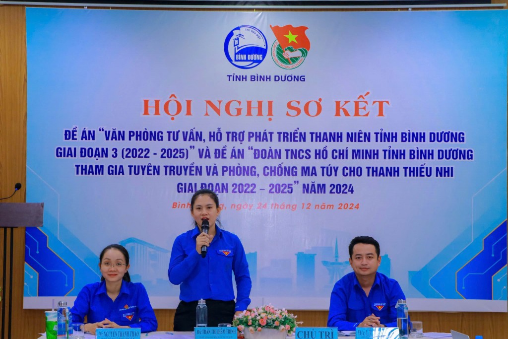 Đồng chí Trần Thị Diễm Trinh - Bí thư Tỉnh Đoàn cùng các đại diện chia sẻ tại Hội nghị, nhấn mạnh vai trò của các mô hình hỗ trợ thanh niên trong phát triển toàn diện.  