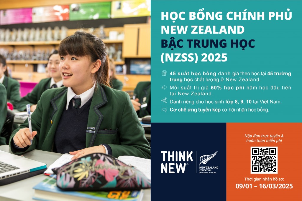 Với số suất học bổng lớn nhất từ trước đến nay, NZSS 2025 mở rộng cơ hội tiếp cận học bổng cho học sinh Việt Nam theo học tại các trường trung học chất lượng tại New Zealand. 