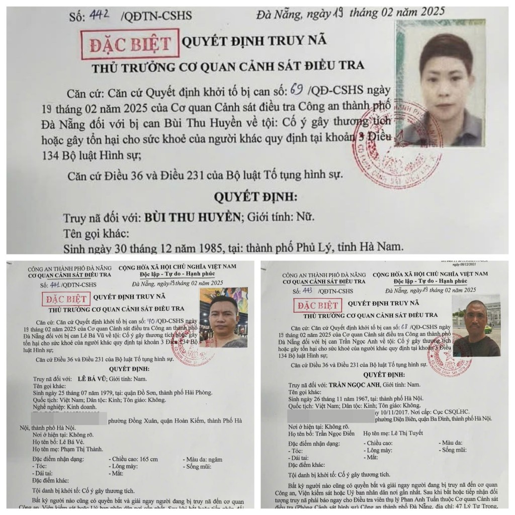 Phòng Cảnh sát hình sự ra quyết định truy nã loại “đặc biệt” đối với 3 đối tượng liên quan vụ “Cố ý gây thương tích” xảy ra trên địa bàn thành phố trước đó (Ảnh CA)