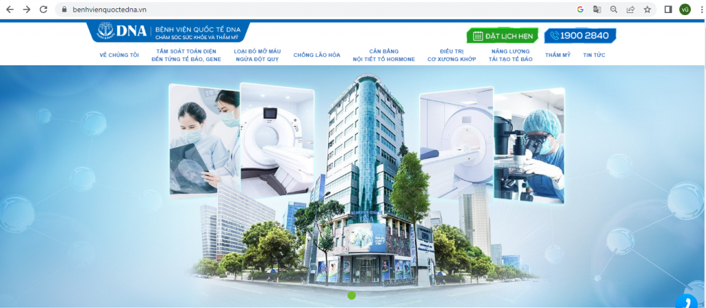 Website quảng cáo của Bệnh viện Đa khoa Quốc tế DNA trước đó (ảnh chụp màn hình)