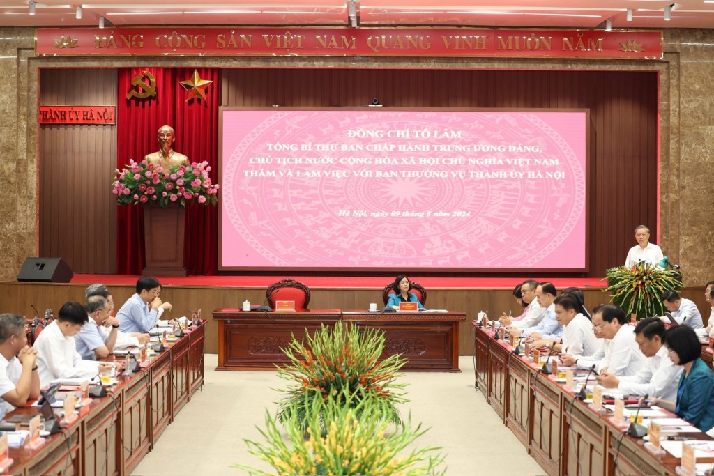 phát biểu chỉ đạo tại buổi thăm làm việc với Ban Thường vụ Thành ủy Hà Nội, Tổng Bí thư, Chủ tịch nước Tô Lâm 