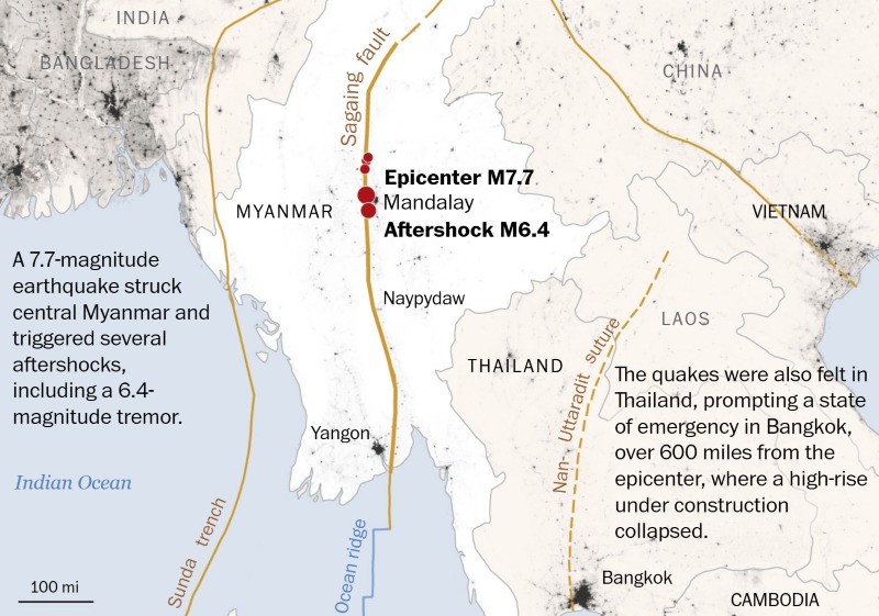 Sơ đồ Đứt gãy Sagaing chạy qua Myanmar và khu vực tâm chấn trận động đất ngày 28/3. Nguồn: USGS, WorldPop và University of Texas Institute for Geophysics 