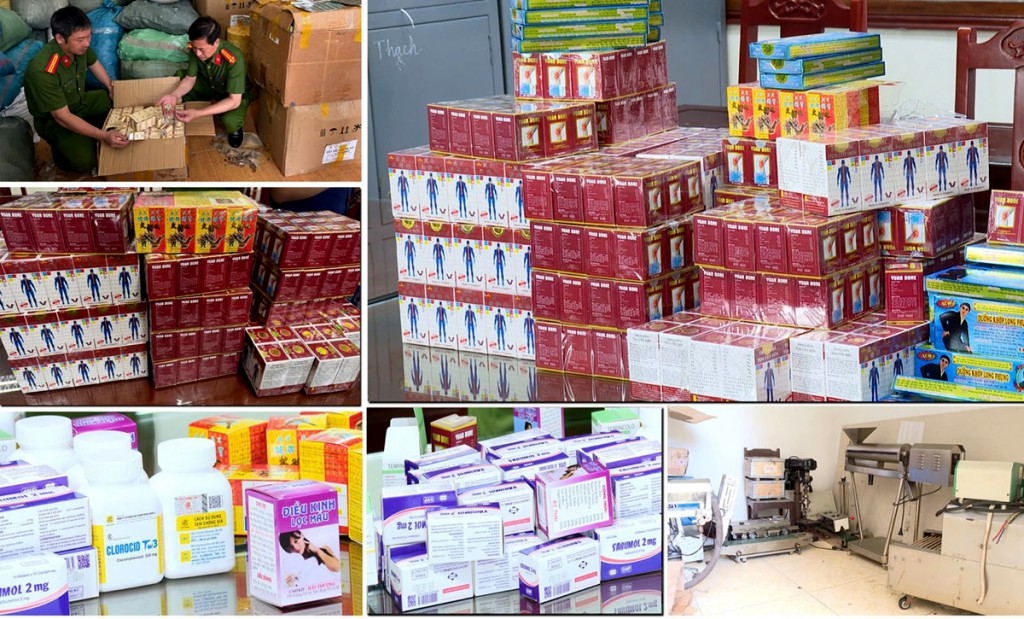 Cơ quan điều tra thu giữ một số loại thuốc tân dược giả và dụng cụ dùng để sản xuất thuốc giả. Ảnh: Công an Thanh Hóa