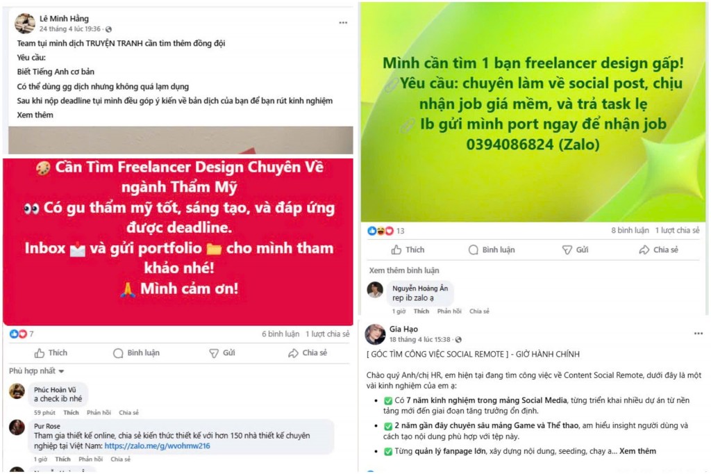 Các nhóm tìm kiếm việc làm, freelance content creator hay design rất sôi động
