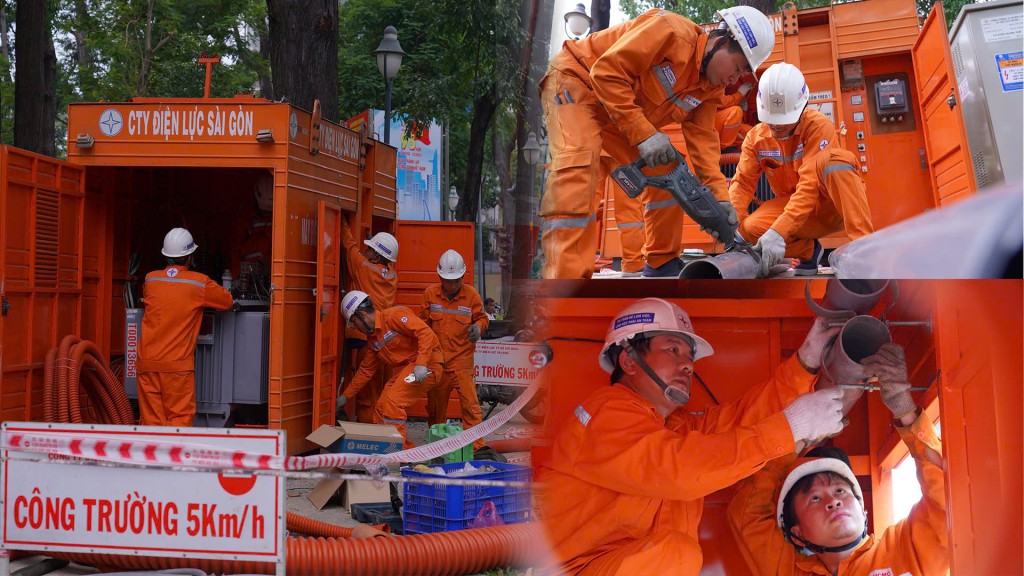Công nhân Công ty Điện lực Sài Gòn miệt mài thi công, lắp đặt máy biến áp tại tuyến đường Lê Duẩn suốt hơn 01 tháng, đảm bảo cung cấp điện an toàn - ổn định cho khu vực tổ chức Lễ kỷ niệm 50 năm tại Tuyến đường Lê Duẩn.