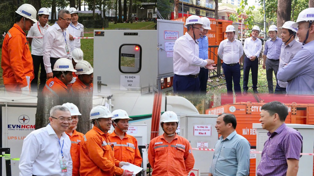 Hình ảnh ông Nguyễn Văn Thanh – Tổng giám đốc EVNHCMC kiểm tra các phụ tải cấp điện cho Lễ kỷ niệm 50 năm.